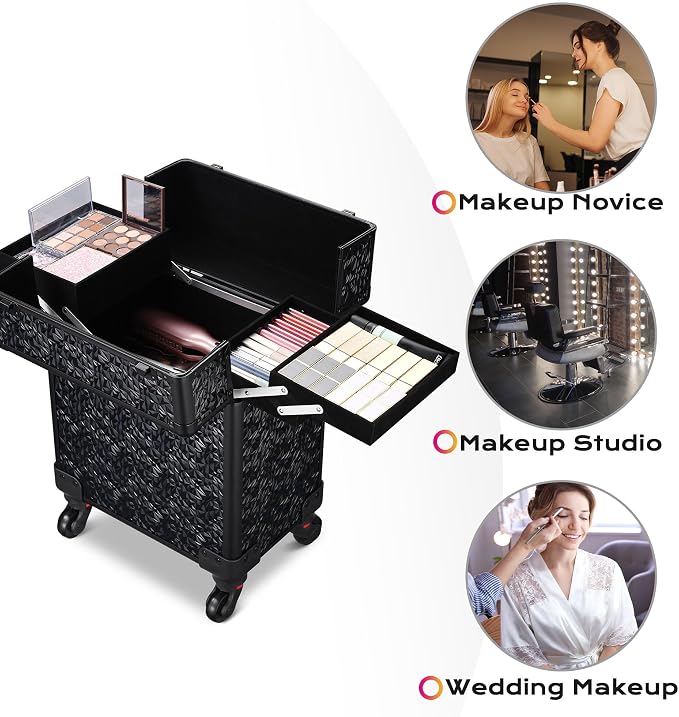 BYOOTIQUE Rolling Makeup Case Cosmetology case on wheels Makeup Artist Nail | Aluminum Rolling Makeup Suitcase with 360° Detachable Wheel Lockable 44Lb Large Capacity Organizer Nail Tech Mermaid Black - Image 2