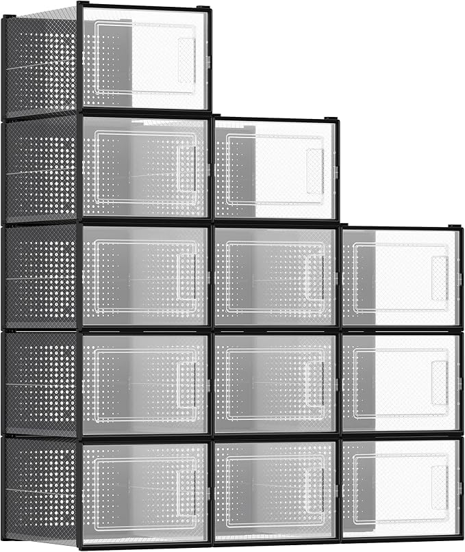 SONGMICS Shoe Boxes, Pack of 12 Shoe Storage Organizers, Stackable Clear Plastic Boxes for Closet, Sneakers, 13.7 x 9.9 x 7.4 Inches, Transparent and Black ULSP007B12 by Unknown