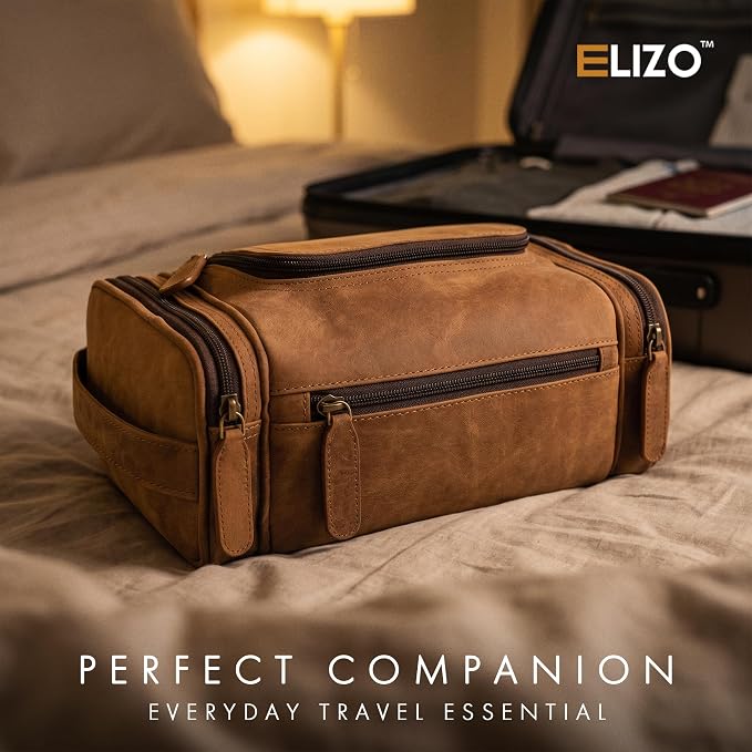 ELIZO Real Leather Toiletry Bag for Men - Large Hanging Travel Organizer for Toiletries, Ideal for Dopp Kit & Shaving Kit for Men, Essential Mens Travel Toiletry Bag for Toiletries (Saddle) - Image 5
