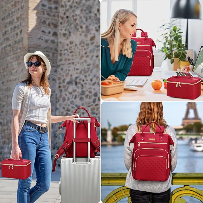 AIJIEKE Lunch Backpack for Women, 15.6 Laptop Backpack, Lunch Box, Red | Water resistant computer bag with insulated leakproof cooler. Travel meal prep backpack for nurse, teacher, college commute - Image 7