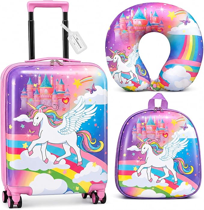 Sanwuta 4 Pcs Kids Luggage Set Back to School Gifts for Girls Boys Carry On Rolling Suitcase Backpack Neck Pillow Travel Set(18 Inch,Castle Unicorn Style,Pink Purple) by Sanwuta