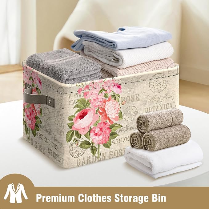 Vintage Rose Floral Foldable Baskets Storage Bins with Handles, Decorative Cloth Organizer Storage Boxes 2 sets - Image 8