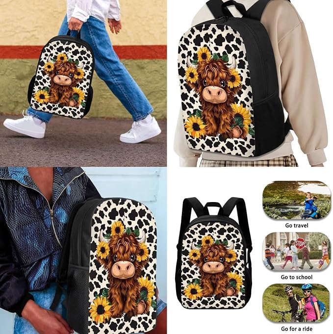 Highland Cow Print Girls Backpack with Lunch Box and Water Bottle Holder Sunflower Bookbags for 1st Grade Kids 4-6/6-8 Elementary School Back Pack Lunch Bag Pencil Case Book Bags Lunchbox - Image 3