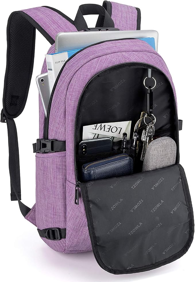 Tzowla Travel Laptop Backpack Water Resistant Anti-Theft Bag with Giant Tumbler Holder Pocket and Lock 15.6 Inch Computer Business Backpacks for Women Men Work College Gift,Casual Daypack(Purple) - Image 2