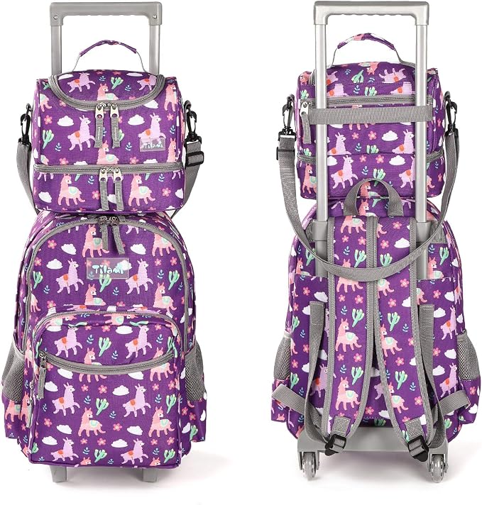 Tilami Rolling Backpack 18 inch Double Handle with Lunch Bag Wheeled Kids Backpack for Girls and Boys, Purple Alpaca - Image 9
