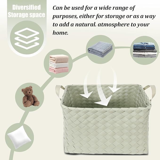 BROWNLILY Handwoven Clothes Basket Laundry Hampers Large Wicker Storage Baskets for Shelves Blankets Closet Storage Bins Car Bedroom Bathroom Organizers and Storage Bath (Pack of 4, Green) - Image 3