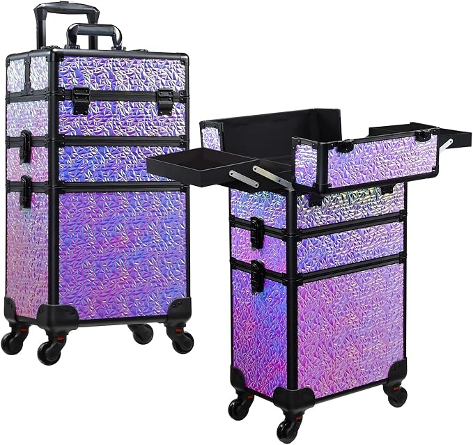 FRENESSA 3 in 1 Rolling Makeup Train Case Professional Cosmetic Trolley Large Storage with Keys Swivel Wheels Salon Barber Case Traveling Cart Trunk for Make Up Hairstylists Nail Tech, Shiny Purple by Frenessa