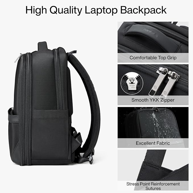 Hanke Expandable Travel Backpack 17 Inch, Full-Open Laptop Backpack, Black | Fits 15.6 Inch Laptop, Water-Resistant, Carry On Personal Item Bag, 20L-25L, Trolley Sleeve, Business Work Bag for Women Men - Image 7