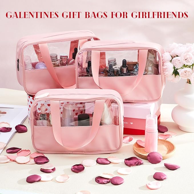 Buryeah 20 Pcs Translucent Makeup Bag Toiletry Organizer for Women Men Waterproof Portable Cosmetic Bag with Hanging Handles Travel Storage Carry Pouch Gifts for Bridesmaid (Pink) - Image 4