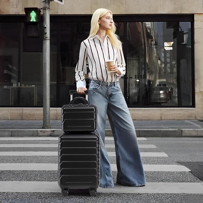 Gradient Color Suitcase 2-Piece Set, 20" Rotating Wheel Suitcase with 14" Cosmetic Case, Lightweight Durable Hardshell Luggage with 360° Spinner Wheels for Travel, Women & Girls (Black-1) - Image 9