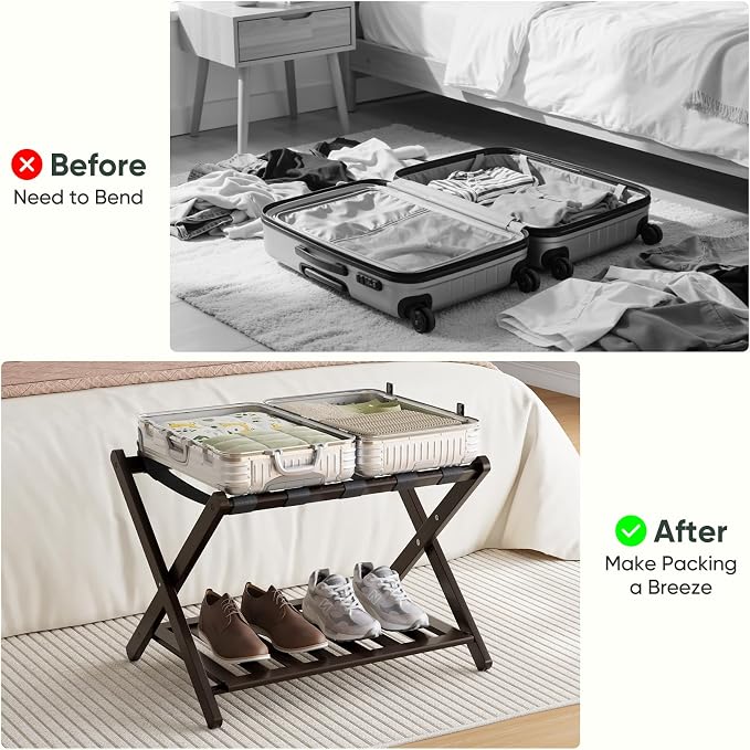Smart FENDEE Fully Assembled Bamboo Luggage Rack, Folding Suitcase Stand with 5 Nylon Straps, Luggage Holders with Shelf, Ideal for Guest Room, Bedroom, Hotel, Espresso - Image 6