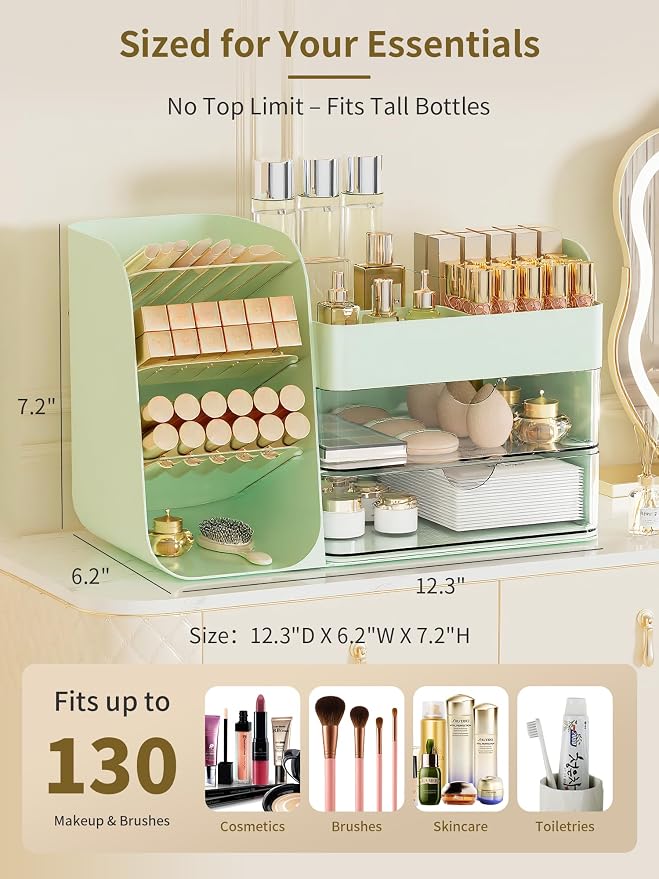 Booklov Small Makeup Organizer for Vanity and Bathroom Countertop, Green | Clear Acrylic Cosmetic Display Case, Beauty Brush Holder for Dresser Counter Skincare Eyeshadow Lipstick Perfume Storage - Image 2