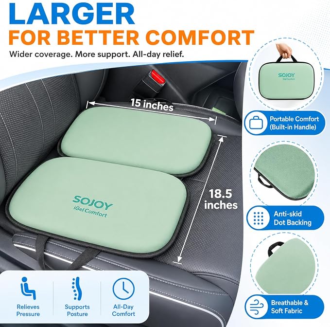 Sojoy 3-in-1 Foldable Gel Seat Cushion with Memory Foam Ergonomic Portable Cushion for Back Pain & Tailbone Relief - Perfect for Office Chair, Airplane Travel & Stadium Seats (18.5" x 15" x 2" Green) - Image 5