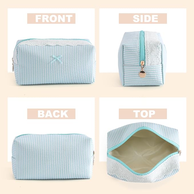 Makeup Bag Travel Toiletry Bag for Women, Small Cosmetic Bags with Lace Trim Cute Green Stripe Aesthetic Organizer Makeup Pouch for Purse Emergency Bag Pencil Case Accessory Bag - Image 4