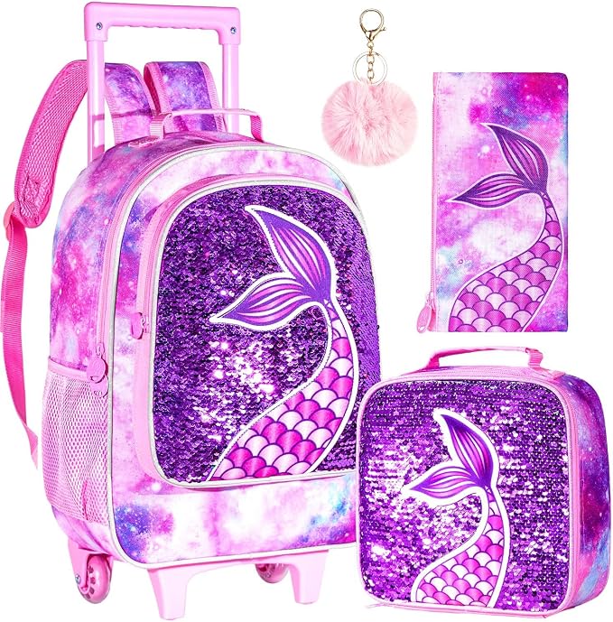 AGSDON 3PCS Rolling Backpack for Girls Boys, Kids Roller Wheels Bookbag, Wheeled School Bag with Lunch Bag by AGSDON