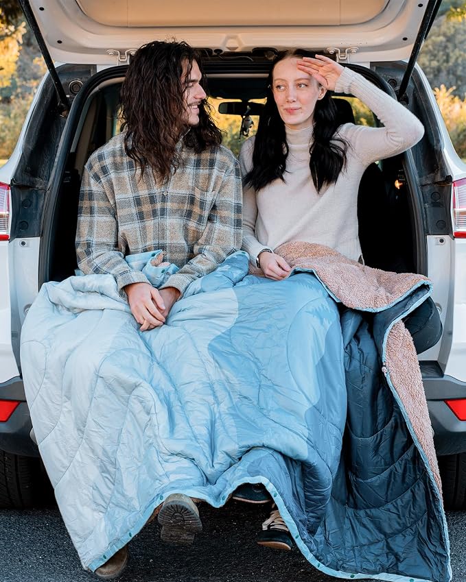 KingCamp Large Camping Blanket with Sherpa Lining, Packable Down Alternative Puffy Printed Wearable Blanket with Snap Buttons, Warm Weatherproof Quilt for Outdoor Travel (79" L x 57" W, Cyan) - Image 8