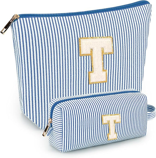 2 PCS Initial Makeup Bags for Women: Cosmetic Bag for Travel Toiletry - Birthday Gifts for 11 12 13 14 15 16 17 18 Years Old Girl Graduation Teacher Gift- Teen Girl Gifts Trendy Stuff - Blue T