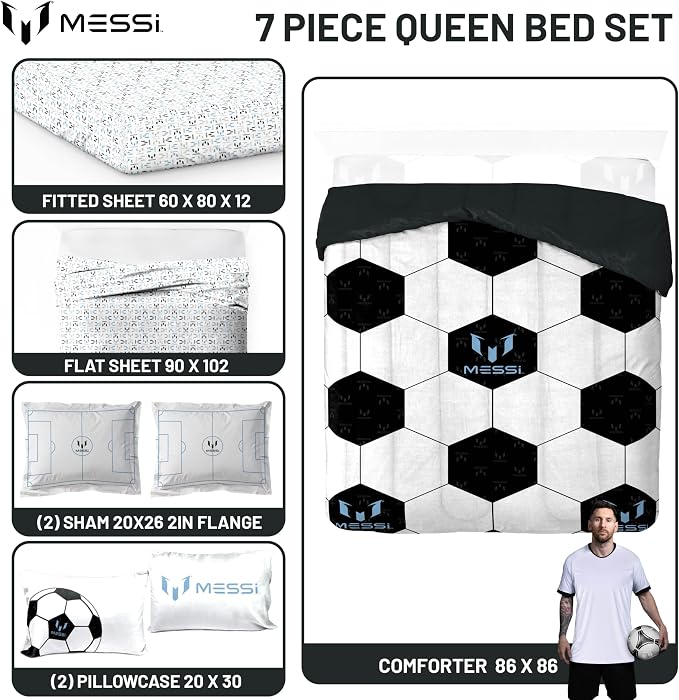 Jay Franco Kids Comforter Set Includes Sheets and Pillow Cover - Soft and Cozy Bed Set for Stylish Room Décor, White - Messi, 7 Piece Queen - Image 3