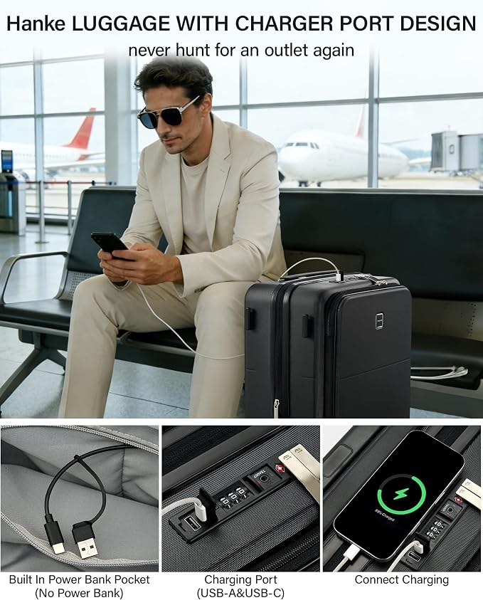 Hanke 20 Inch Expandable Carry On Luggage with Cup Holder 22x14x9 Airline Approved, Top Opening Hard Shell Suitcases with Wheels, Carry-On Travel Suitcase Trunk Luggage with Lock, Jet Black - Image 5