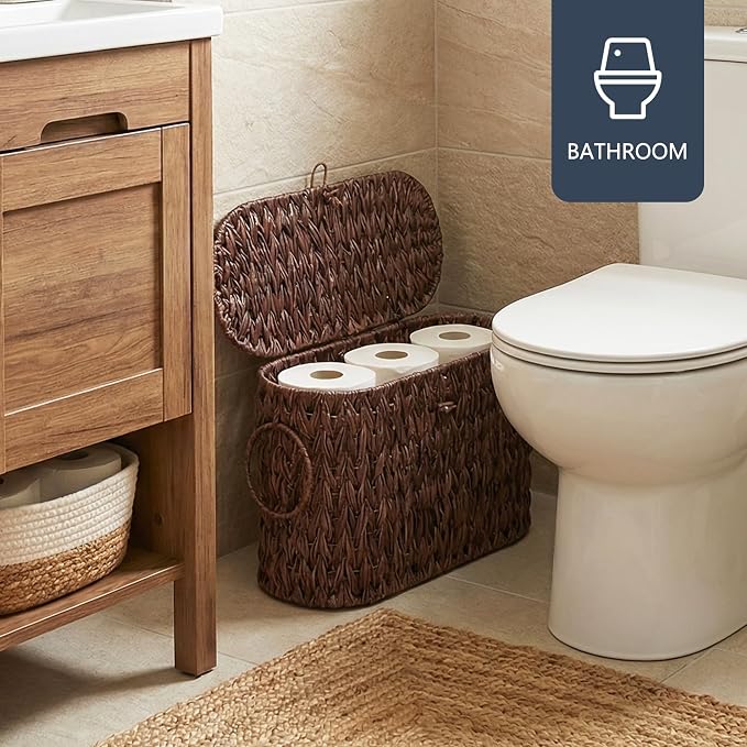 Coeusy Toilet Paper Basket with Lid, Wicker Basket for Bathroom Organizers and Storage, Holds Up to 6 Mega Rolls, Decorative Hand-Woven Rattan Bathroom Decor Accessories, Brown - Image 2
