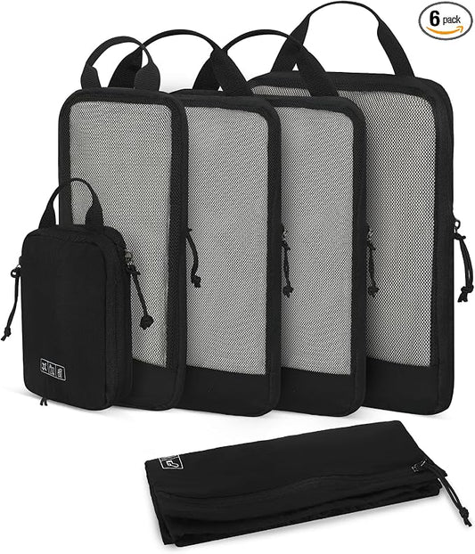 Hynes Eagle 6 Set/ 4 Set/ 2 Set Compression Packing Cubes Travel Essentials Lightweight Nylon Luggage Suitcase Organizer Bag Black 6PCS by HynesEagle