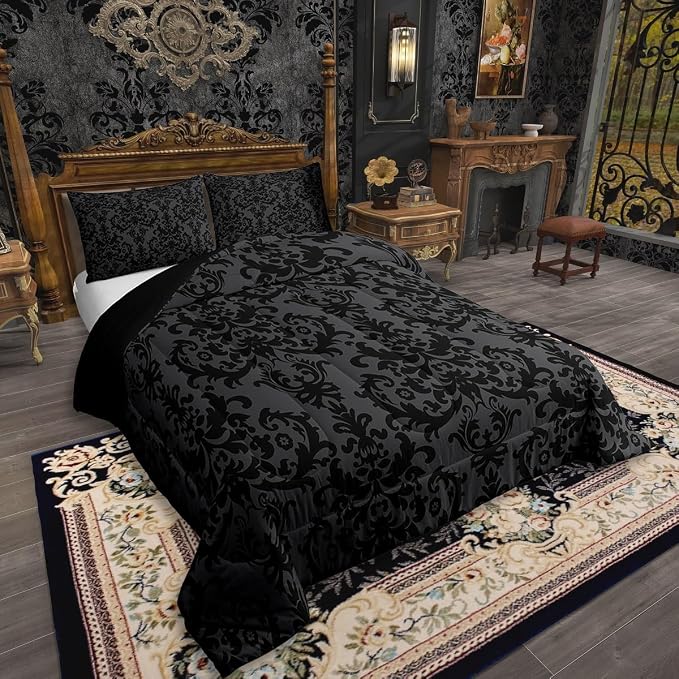 Erosebridal Adults Black Damask Bedding Set Antique Victorian Baroque Down Comforter Full Gothic Vintage Floral Comforter Set Bohemian Exotic Bedding Quilted Grey Bedroom Decor 2 Pillow Cases - Image 2