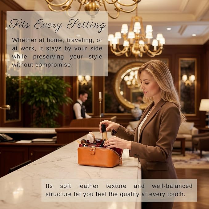 VENOULT Makeup Bag, Spacious Cosmetic Case for Women, Portable 180° Wide-Open Flat Cosmetic Bag, Travel Toiletry Organizer with Handle, Hanmdade, Full Grain Genuine Turkish Leather (Chestnut) - Image 8