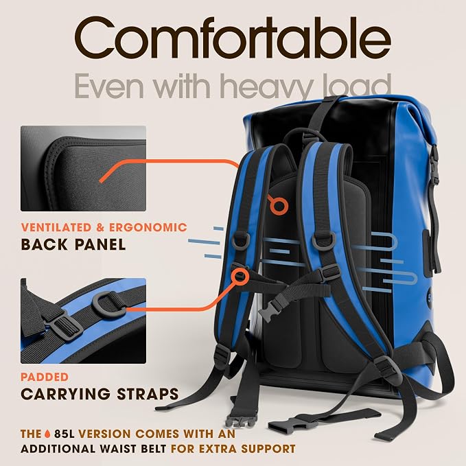 Earth Pak Waterproof Backpack - Heavy Duty Roll-Top Closure with Easy Access Front-Zippered Pocket and Cushioned Padded Back Panel for Comfort with IPX8 Waterproof Phone Case, Blue, 85L, Messenger Bag - Image 7