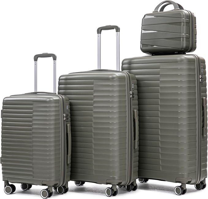 Merax Luggage Sets 4 Piece with Cosmetic Case Lock, Hardside Carry On Suitcase with Zippers Lightweight Rolling Travel Luggage Sets with Spinner Wheels,Green1 by Merax