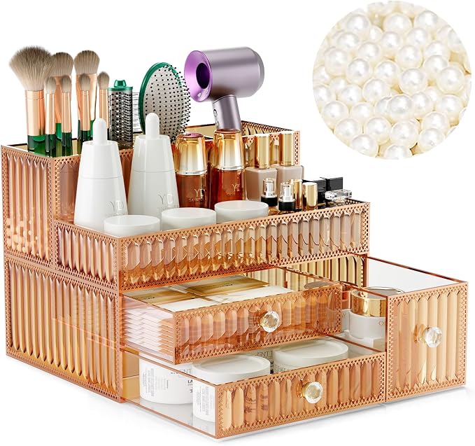 Youdepot Makeup Organizer Golden- Tempered Glass Vanity Organizer for Cosmetics, Skincare, Hair Tools, Brushes, Perfume - Multipurpose Bathroom Counter Skincare Organizer by Youdepot