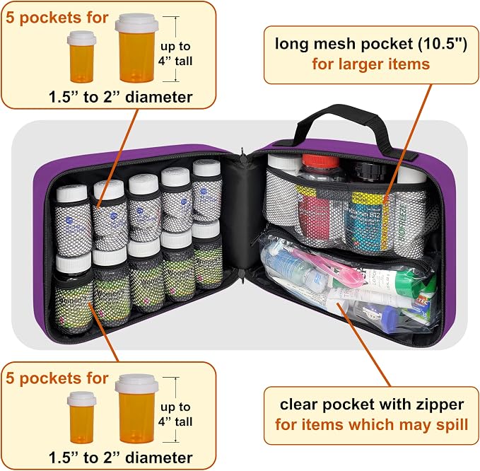 Large Pill Bottle Organizer & Medicine Bag for Travel, Purple | Prescription bottle organizer with 10 bottle pockets and padded storage for medication bottles, supplements, vitamins - Image 2