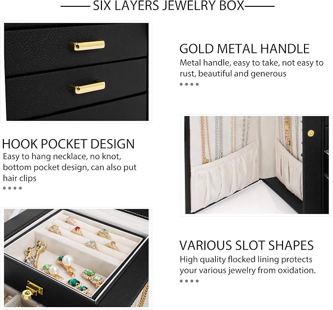 AKOZLIN 6-Tier Jewelry Box Organizer Functional 5 Drawers Leather Jewelry Storage Case for Women Girls Ring Necklace Earring Bracelet Holder Organizer with Mirror Black Regular - Image 5