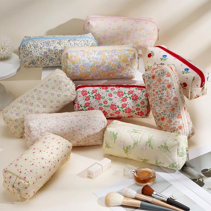 Paterr 10 Pcs Quilted Makeup Bag Bulk Cotton Floral Cosmetic Bag Women Girls Bridesmaid Gifts Cute Makeup Pouch Coquette Aesthetic Travel Toiletry Organizer(Rustic Floral,7.48 x 2.36 x 3.15 Inches) - Image 3