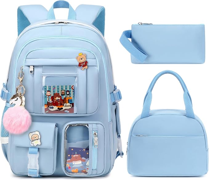 Laptop Backpacks 16 Inch School Bag College Backpack 3 PCS with Lunch Box Pencil Pouch Set Large Travel Daypack Kawaii Bookbags for Teens Girls Women Students (Blue) by LXYGD