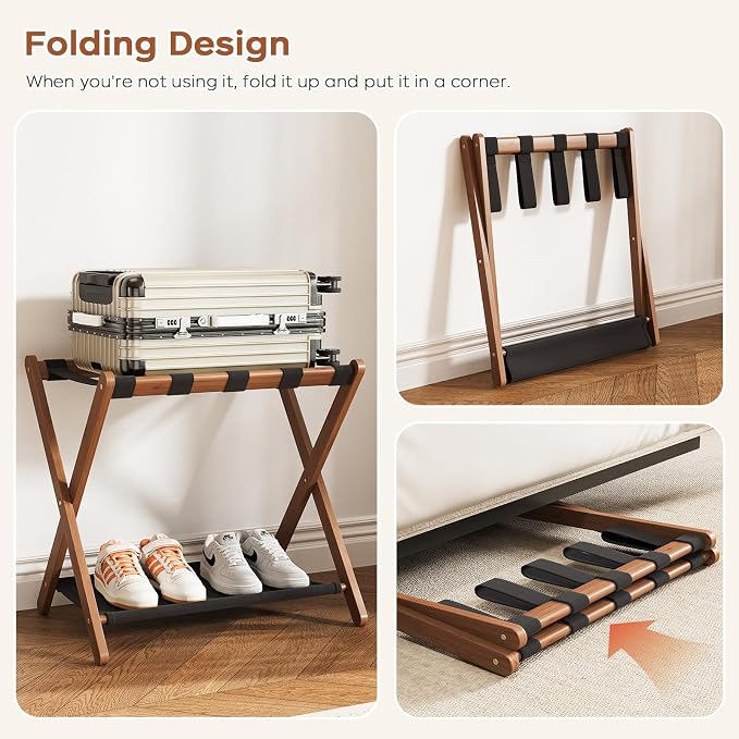 Fully Assembled Walnut Luggage Racks Set of 2, Bamboo 26.77" Luggage Rack Stand for Guest Room, 5 Nylon Straps, Foldable Suitcase Stand with Storage Shelf for Bedroom Hotel, Holds up to 165 Lbs - Image 4
