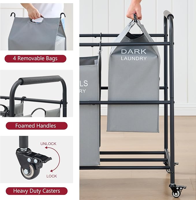 Tajsoon 4 Bag Laundry Sorter Cart, 4 Section Laundry Hamper Sorter with Heavy Duty Lockable Rolling Wheels, Laundry Separator Hamper with Removable Bags for Dirty Clothes Storage, Grey - Image 4