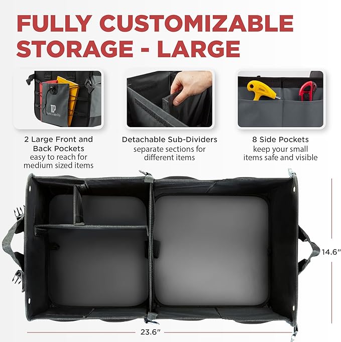 Car Cargo Organizer for SUV, Truck & Auto Storage, Gift, Grey, Large | Fits Cars, SUVs & Trucks • 4 Adjustable Compartments • Non-Slip Base & Straps • Foldable • 11 Pockets • Gift - Image 2