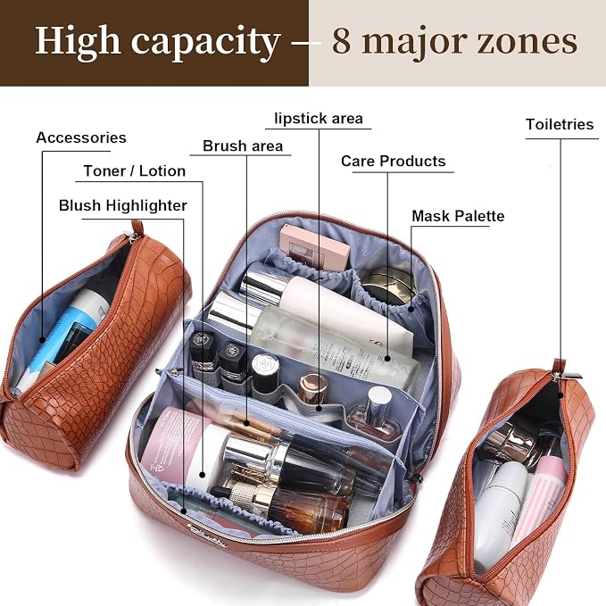 BOYATU Travel Makeup Bag Cosmetic Bags for Women: 3 Pcs Set Large Capacity Make up Bag with Handle - Crocodile Pattern Vegan Leather Toiletry Bags Travel Essentials with Compartments(E-2-Brown) - Image 5