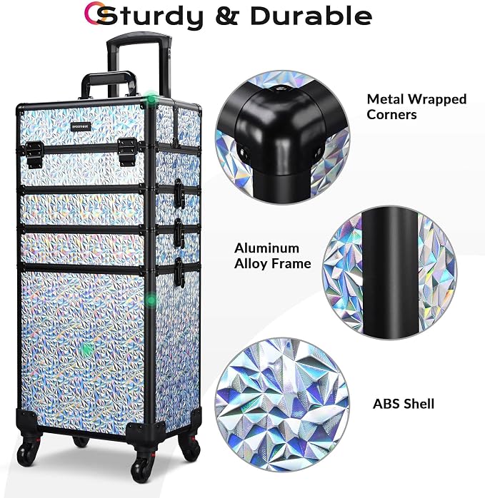 BYOOTIQUE Rolling Makeup Case 4in1 Cosmetology case on wheels Makeup Artist | Aluminum Rolling Makeup Suitcase 360° Detachable Wheel Lockable 54Lb Large Capacity Organizer Nail Tech Mermaid Silver - Image 5