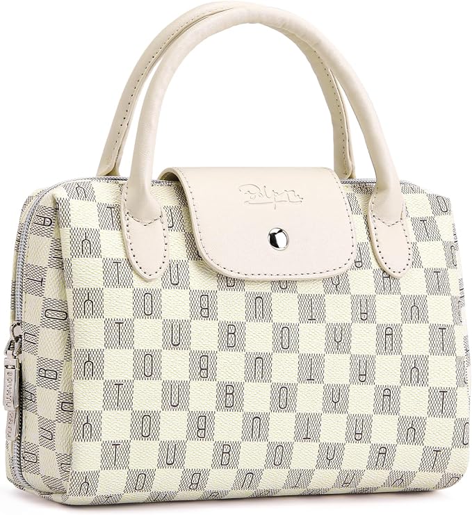BOYATU Checkered Makeup Bag Organizer with Handle: Large Travel Cosmetic Bag Holds 10+ 100ml Full-Size Bottles for Date & Trip - Waterproof Leather Toiletry Pouch 3-sec Touch-up for Chic Woman(White) by BOYATU