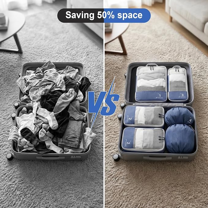 VINATO Packing Cubes Compression 6erSet - Waterproof Vacuum Bags & Organizer Suitcase for Clothes and Shoes, Space Saving for Suitcase Backpack Hand Luggage, Travel Organizer Blue - Image 3