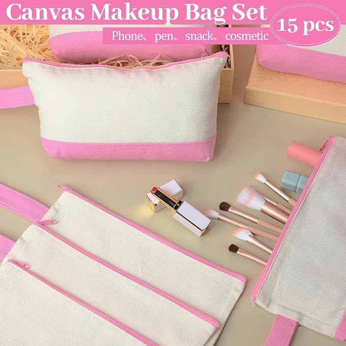Silkfly 15 Pcs Cotton Canvas Makeup Bags Cosmetic Zipper Bags 10.2 x 5.5 x 2'' Blank DIY Pouch Bulk Pencil Case with Bottom Travel Toiletry Pouch for Women Craft Decor Gift (Beige and Pink) - Image 5