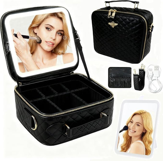Travel Makeup Bag with Light Up Mirror, Portable Makeup Bag with Led Light Women Waterproof Makeup Travel Case adjustable dividers Rechargeable Vanity Mirror with 3 Color Lights by Unknown