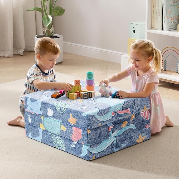 MeMoreCool Glow Ocean Kids Foldable Floor Mattress Trifold, 57x22 Inch Blue | Glow ocean trifold mattress for kids room, playroom, reading and travel - Image 5