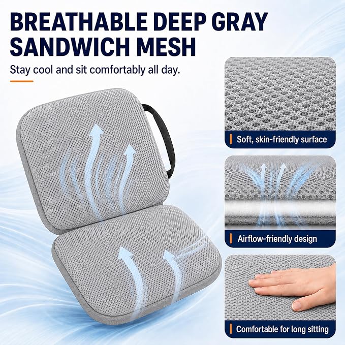Sojoy 3 in 1 Foldable Gel Seat Cushion Featured with Memory Foam Breathable Seat Cushion for Pressure Relief (Size: 18.5“ x 15" x 2"，Gray Mesh) - Image 6