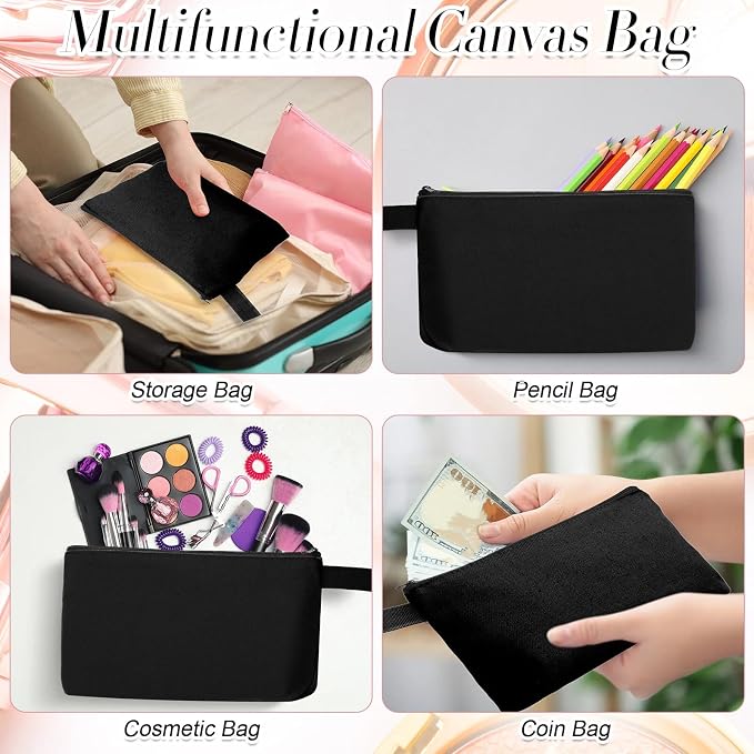 Reginary 60 Pcs Black Canvas Makeup Bag Bulk Portable Travel Cosmetic Pouch Versatile Blank Toiletry Bag with Zipper for Women DIY Craft Purse Pencil Case (8.6 x 5 x 2 Inch) - Image 6