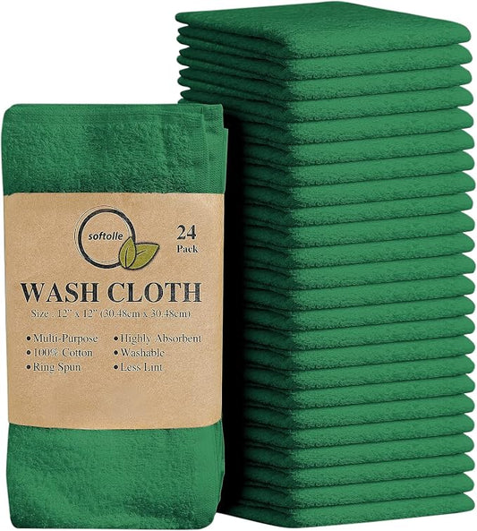 100% Cotton Washcloths 24 Pack (12x12 Inches) Soft, Highly Absorbent Washcloth, Face Towels, Wash Cloths for Face, Ring Spun, Bulk Pack (Dark Green) by Softolle