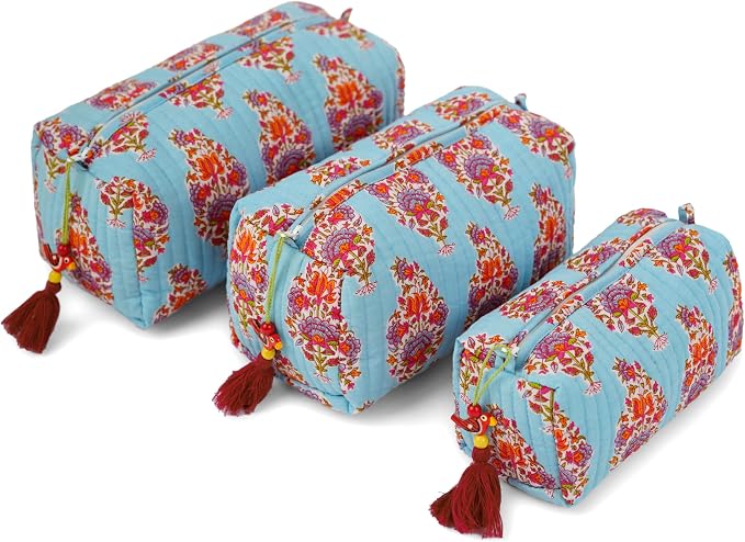 Saffron Marigold Quilted Makeup Bag Set of 3, Hand Block Printed Cotton Cosmetic Bags for Women, Waterproof Lined Travel Toiletry Bag, Coquette Aesthetic, Handmade Gift, Kashmir by SaffronMarigold