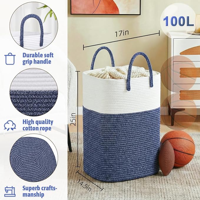Laundry Basket,Woven Cotton Rope Laundry Hamper,Versatile Storage for Dirty Clothes,Baby Toys,and Blankets in Bathroom, Nursery,and Living Room (Blue, 100L) - Image 2