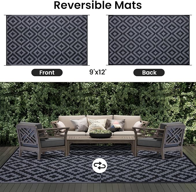 Smiry Waterproof Outdoor Rug 9x12 ft, Reversible Plastic Straw Patio Camping Rugs, Outdoor Indoor RV Mat Carpet for Patio, Outside Entry, Backyard, Deck, Bench, Picnic, Camper, Black & Grey - Image 3